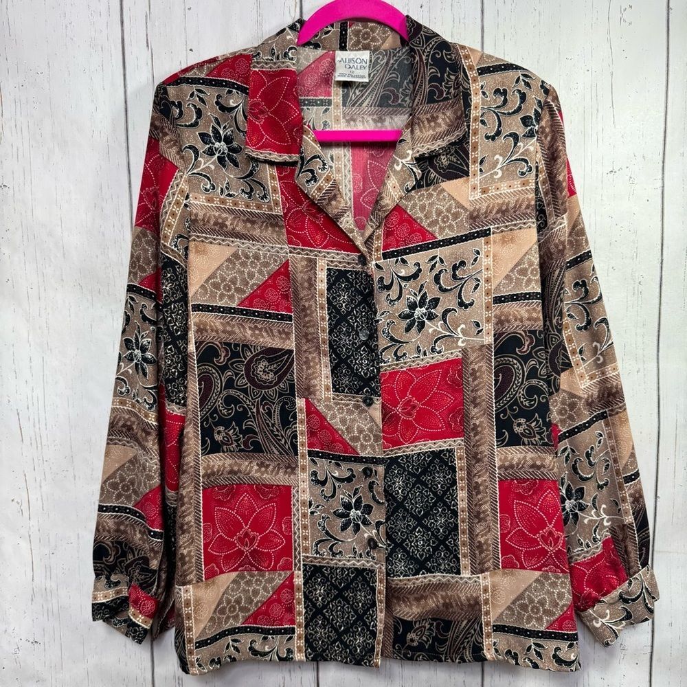 Vintage Allison Daley Patchwork Button Front Blouse Size 12 Boho Retro Collared
